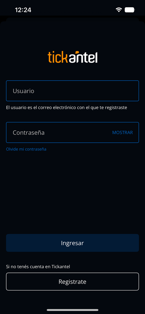 tickantel - Écran de connexion de l'application Tickantel affichant les champs du nom d'utilisateur et du mot de passe