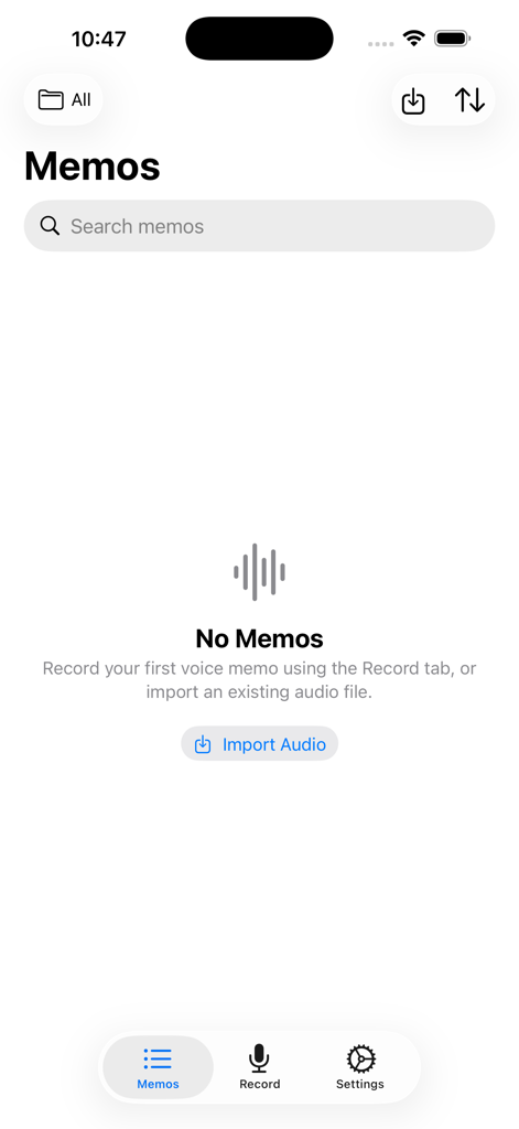 Empty memos screen in the VoiceScript app with an option to import audio files.