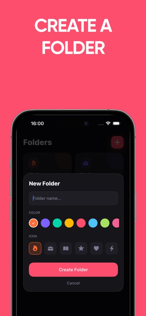 FBMate: Bookmark Manager - Interface para criar e organizar pastas de favoritos personalizadas com ícones e cores selecionáveis no aplicativo FBMate.