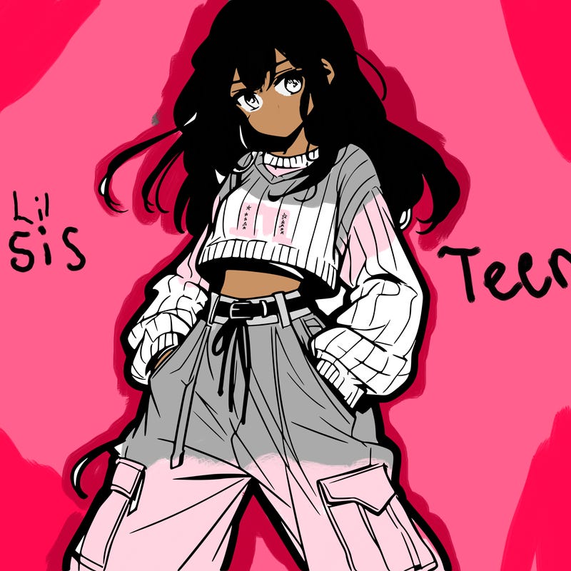 anime teen girl with baggy pants and crop top with sweater