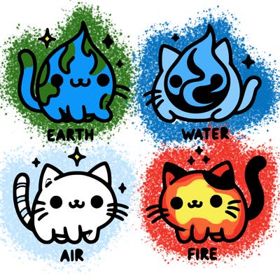 4 cats that represent the different elements, earth, water, air, and fire