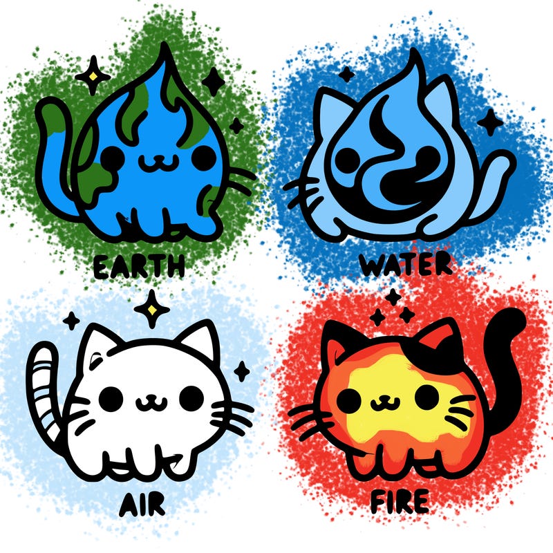 4 cats that represent the different elements, earth, water, air, and fire