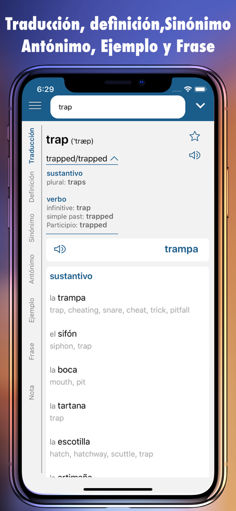 Spanish Plus Dict & Translator - Spanish Plus Dict and Translator app interface showing English to Spanish translation and definitions for the word trap