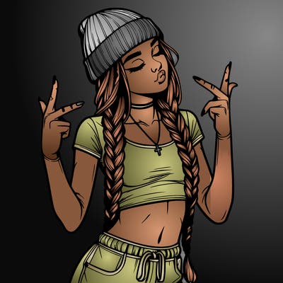 realistic teenage girl with braids and a beanie and crop top doing 🫶🏼
