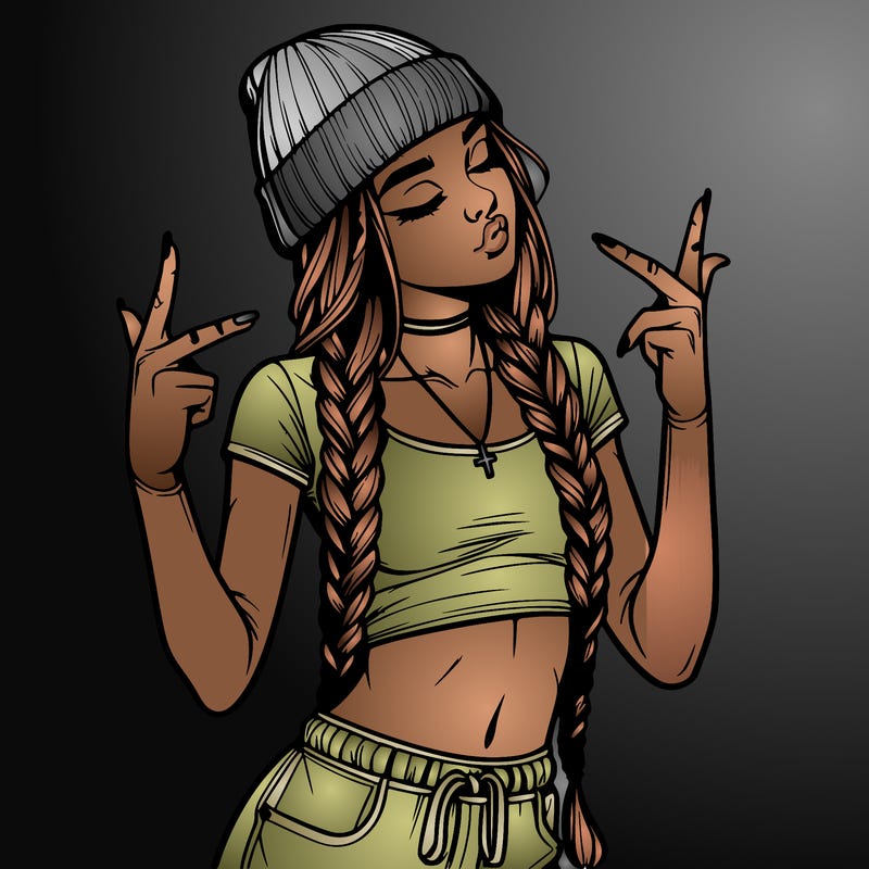 realistic teenage girl with braids and a beanie and crop top doing 🫶🏼