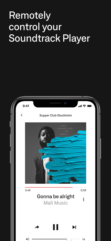 Smartphone screen showing the music player interface of the Soundtrack Enterprise Remote app.