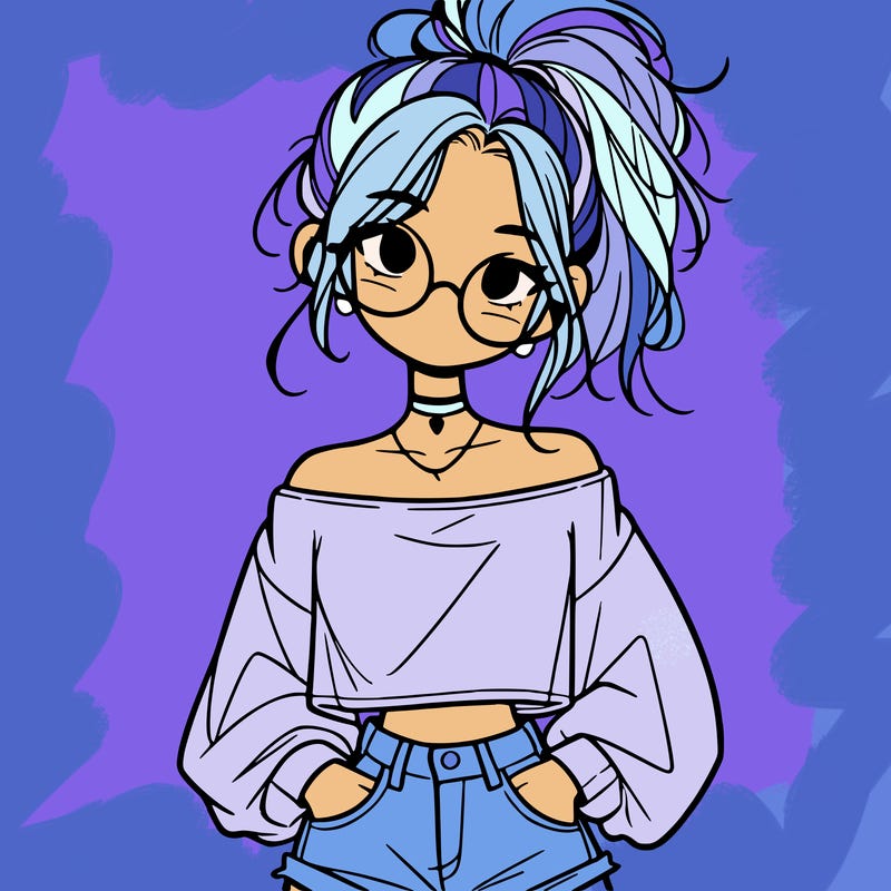 girl with a messy ponytail glasses a baggy crop top and jean shorts