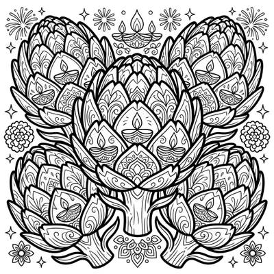 Discover a truly unique coloring experience with this beautiful Artichokes and Diwali-themed design. Intricate artichoke patterns are adorned with festive diyas and celebratory motifs, perfect for sparking your creativity.