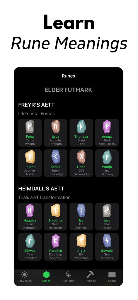 Norse Runes & Mythology - A mobile app interface displaying a grid of Elder Futhark runes with their names and meanings
