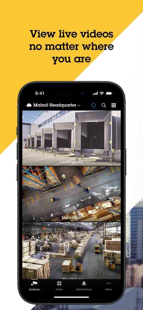 Flux de caméras de sécurité en direct d'un entrepôt affichés sur l'application mobile AXIS Camera Station Pro.