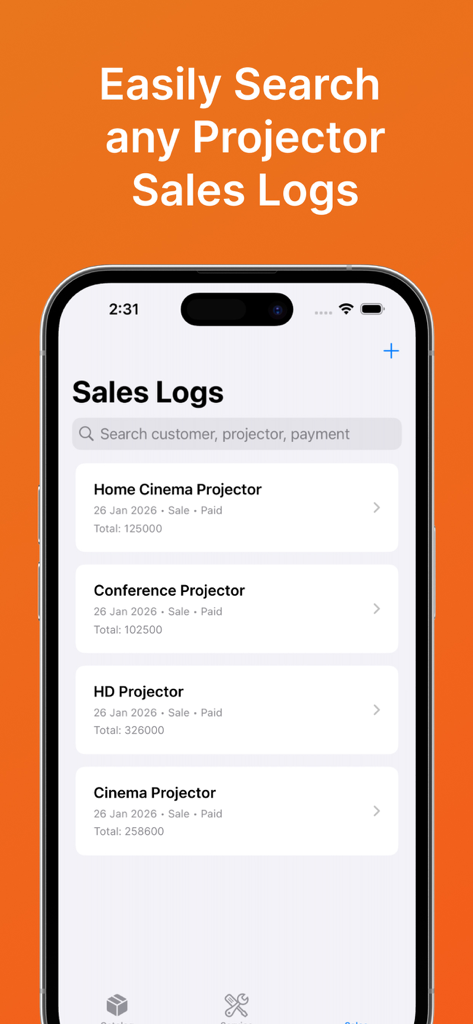 Mobile Projector Media - Screenshot of the sales logs interface showing records for home cinema and HD projectors