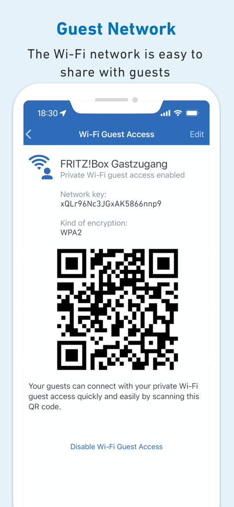Smartphone-Bildschirm mit der FRITZ!App WLAN-Gästenetzwerk-Seite mit einem scanbaren QR-Code für einfache Netzwerkfreigabe.