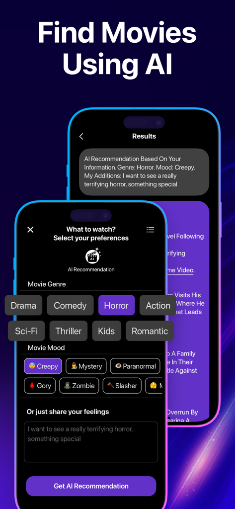 RemoTV 앱 화면에 장르 및 분위기 필터가 있는 AI 영화 추천 기능이 표시됩니다.