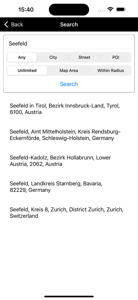 OSM Maps - Search results screen in the OSM Maps app showing multiple locations for Seefeld with filtering options like City and POI.