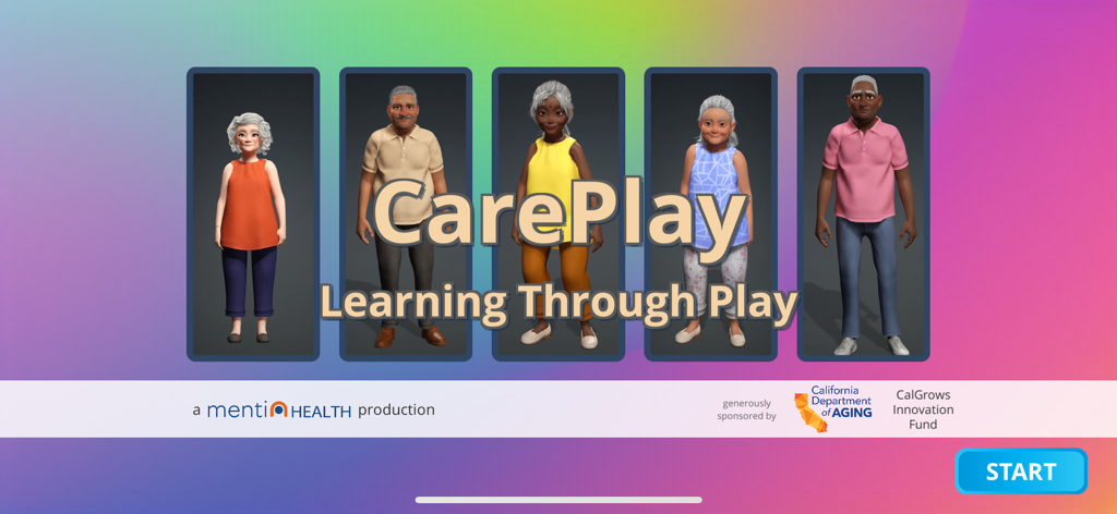 CarePlay - 케어플레이 앱 시작 화면, 의료 교육을 위한 다양한 시니어 캐릭터 아바타 특징