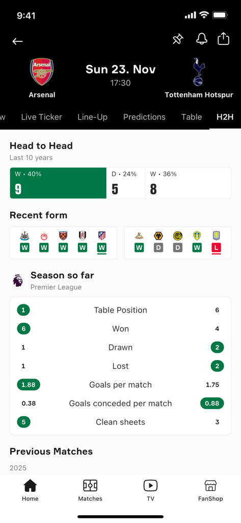OneFootball app displaying head to head stats and recent form for Arsenal vs Tottenham Hotspur
