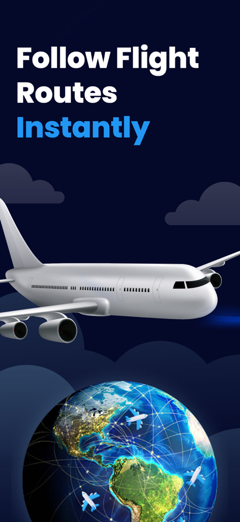 FlightRadar Pro: Track Flights - 飛行経路が強調表示され、「フライト経路を即座にフォロー」と表示されたグローブの上を飛ぶ飛行機のイラスト