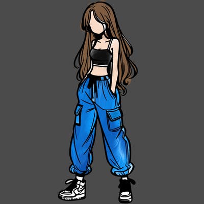 girl in baggy pants crop top and long hair