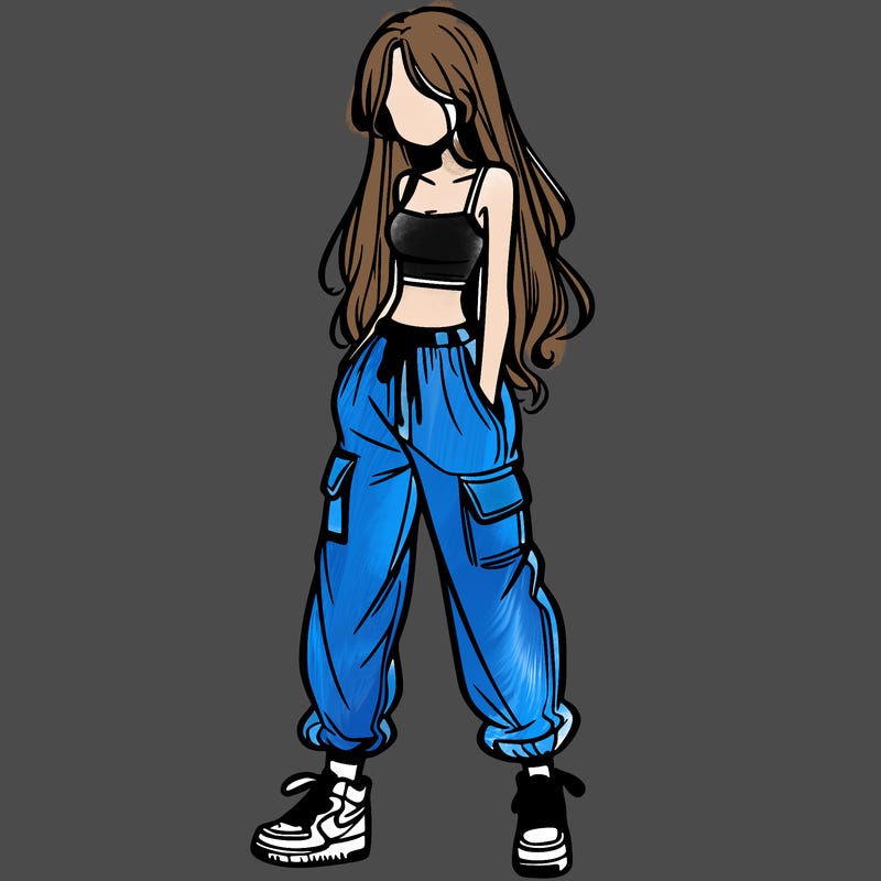 girl in baggy pants crop top and long hair