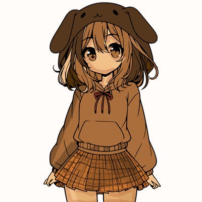 pretty anime girl wearing a fluffy hoodie with bunny ears on the hood and a skirt