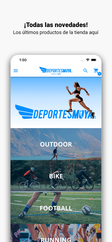 Deportes Moya - Pantalla de inicio de la app Deportes Moya mostrando categorías deportivas para exterior, ciclismo, fútbol y running