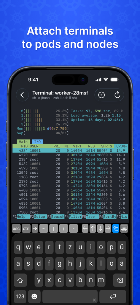 Nautik for Kubernetes - Terminal integrada en la aplicación Nautik que muestra monitorización de procesos del sistema y uso de recursos para un nodo de trabajo de Kubernetes