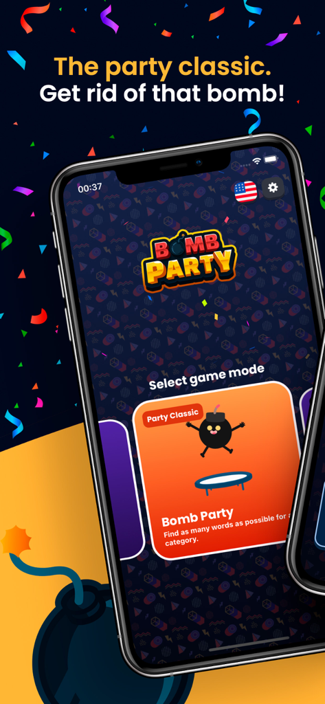 Bomb Party: Who's Most Likely - Pantalla de inicio de la aplicación móvil Bomb Party que muestra el modo de juego Party Classic y un personaje de bomba de tictac.