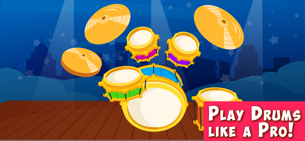 Drums for girls & boys 2-6 yo -  Batterie cartoon colorée sur une scène pour enfants avec le texte jouez de la batterie comme un pro