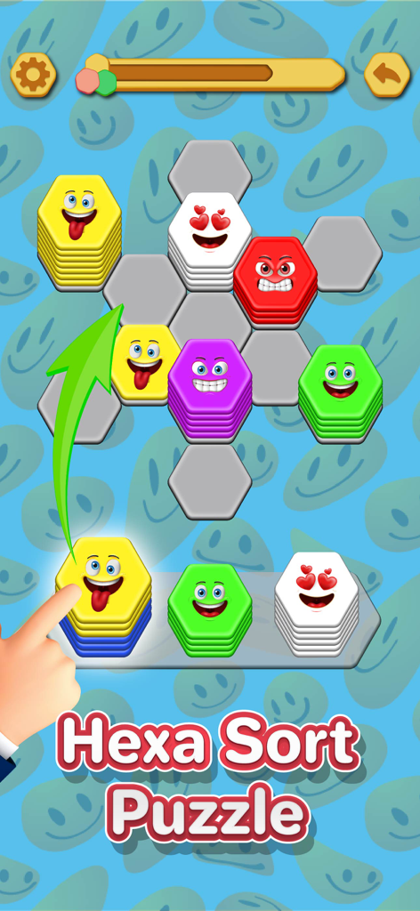 A mobile game interface showing colorful 3D hexagonal tiles with different emojis being stacked and sorted on a grid.