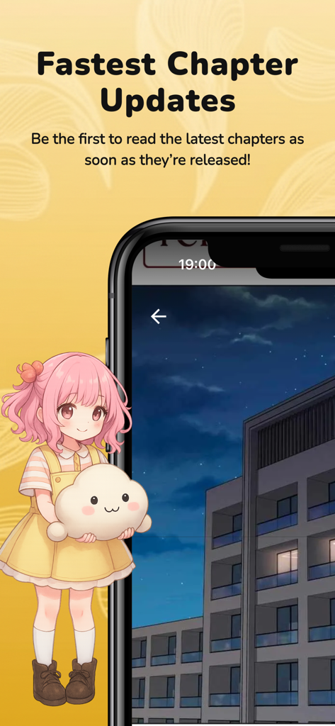 Manga Reader app screen showing fast chapter updates and anime illustration