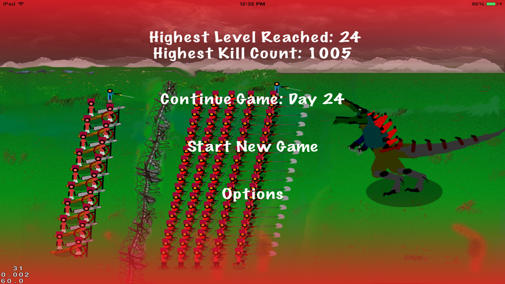 Final Stand: Waterloo - Menú principal de Final Stand Waterloo mostrando soldados napoleónicos en formación contra un gran monstruo con estadísticas del juego y opciones del menú.
