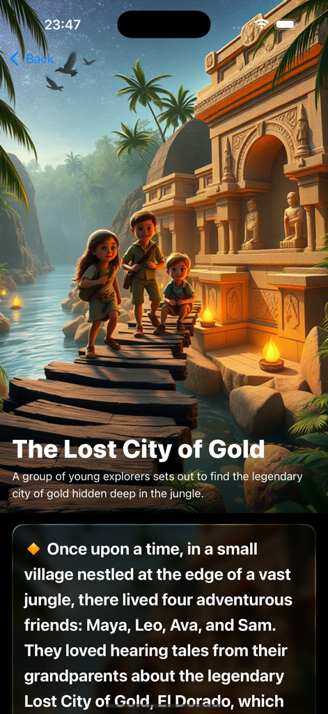 KidStoria - Stories for Kids - Story interface for The Lost City of Gold featuring young explorers in a jungle setting on KidStoria