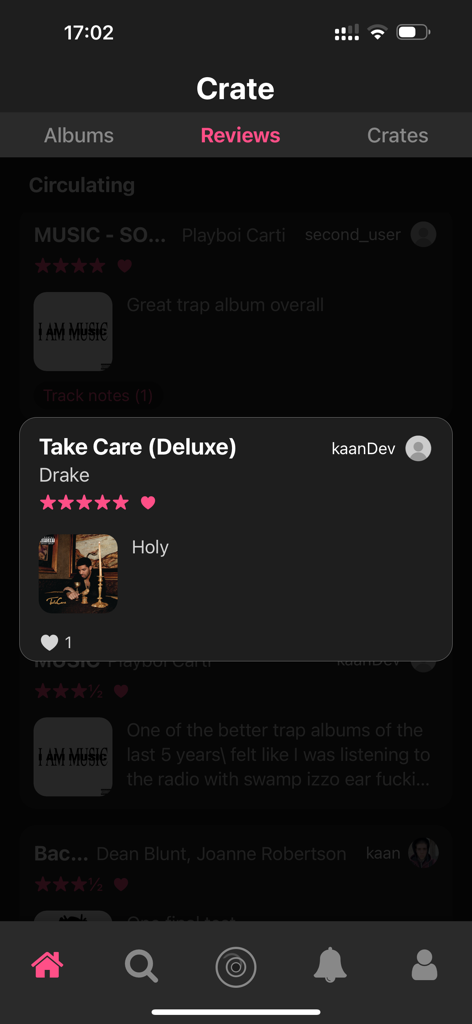 User review of the album Take Care by Drake with a five star rating on the Crate social music app