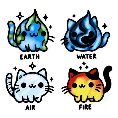 4 cats that represent the different elements, earth, water, air, and fire