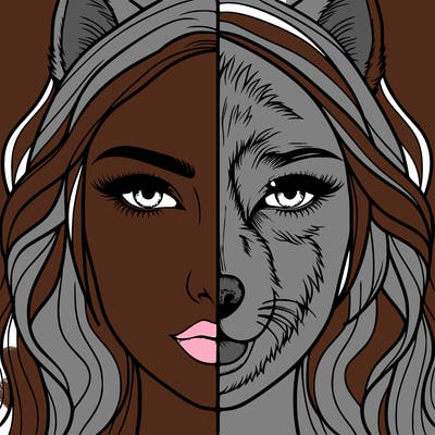 split face realistic woman and wolf