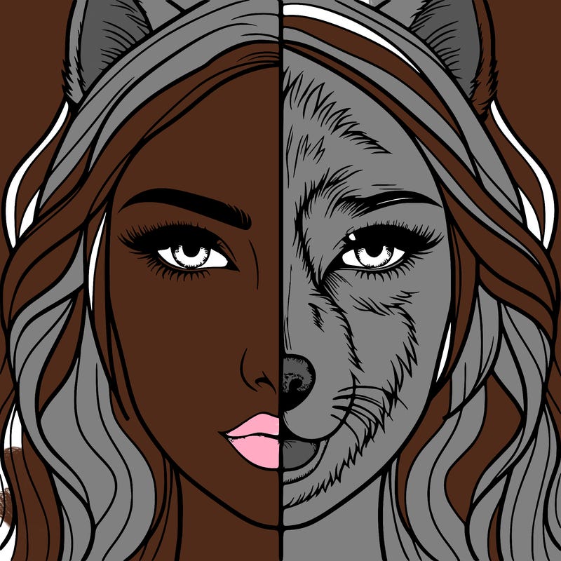 split face realistic woman and wolf
