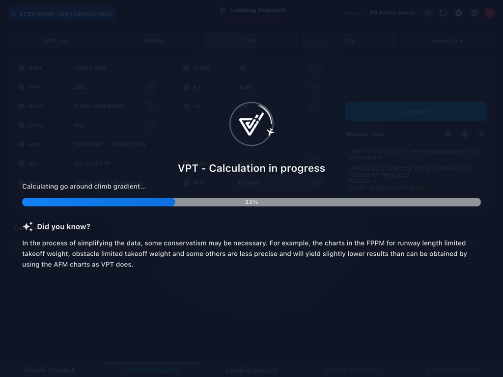 Loading screen of the Virtual Performance Tool showing a landing dispatch calculation in progress for a Boeing 737.