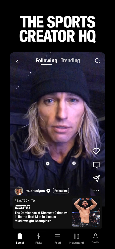 Arena - The Sports Super App - Arena app social interface showing a sports creator video and real-time reaction to trending news