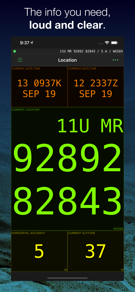MilGPS - MilGPS navigation app screen showing MGRS coordinates and military time in large green and orange text