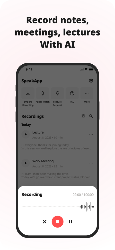 Interfaz de SpeakApp AI mostrando grabación de voz para notas y reuniones