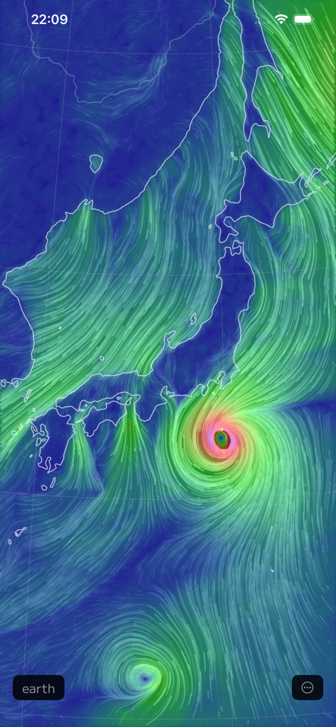 Nullschool app animated map showing wind patterns and a typhoon near Japan