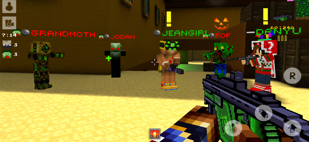 Block Force - 3D Pixel Shooter - First-person perspective of a 3D pixel shooter game featuring several customized blocky characters in a multiplayer match.