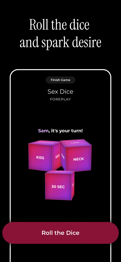 Interface do jogo Jogo de Dados Erótico mostrando dados virtuais com ações românticas e uma duração para casais