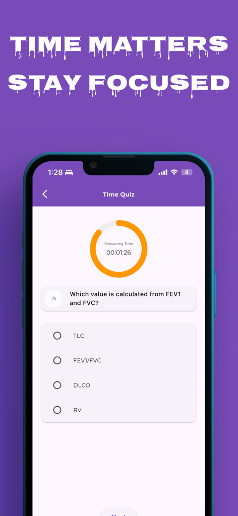 Respiratory Therapist NBRC - Interface de quiz cronometrado do aplicativo NBRC para Terapeuta Respiratório com uma questão médica de múltipla escolha