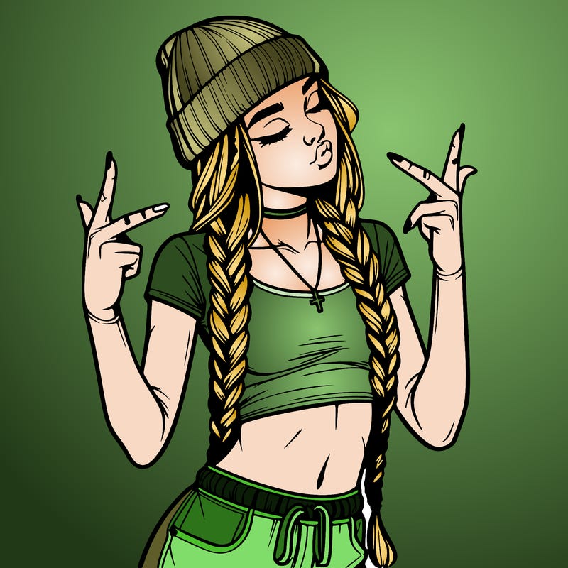realistic teenage girl with braids and a beanie and crop top doing 🫶🏼