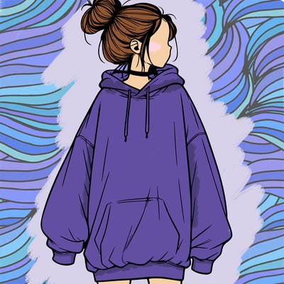realistic girl with a oversized sweatshirt on and a bun
