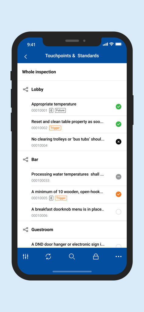 EcoSure TrueView - A digital inspection checklist within the EcoSure TrueView app showing touchpoints and standards for lobby and bar areas