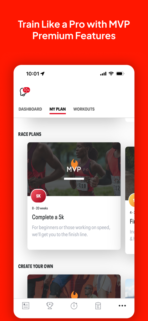 Screenshot of the Map My Ride app interface showing MVP premium race plans and training options