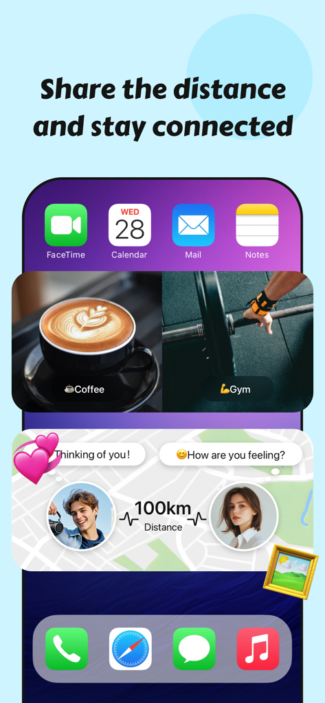 iPhone home screen featuring Couple360 relationship widgets with distance map and status updates