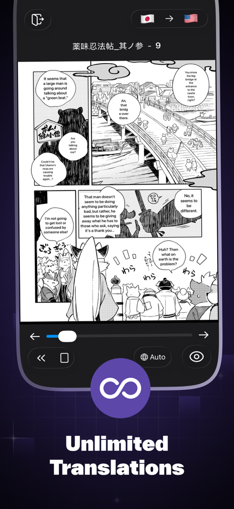 Manga Translator – Mangra - Manga Translator app interface showing a manga page translated from Japanese to English with an Unlimited Translations caption